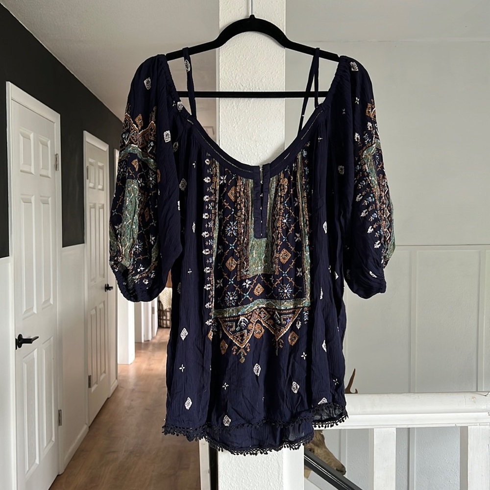 Ecote blue bohemian blouse with off the shoulder sleeves and spaghetti straps